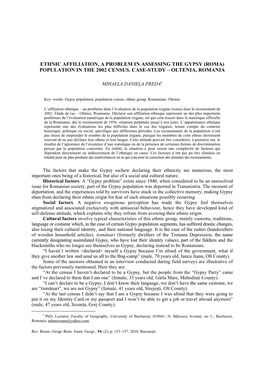 Ethnic Affiliation, a Problem in Assessing the Gypsy (Roma) Population in the 2002 Census