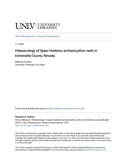 Paleoecology of Upper Harkless Archaeocythan Reefs in Esmeralda County, Nevada