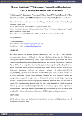 Missense Variation in TPP1 Gene Causes Neuronal Ceroid Lipofuscinosis Type 2 in a Family from Jammu and Kashmir-India