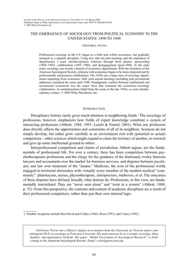 The Emergence of Sociology from Political Economy in the United States: 1890 to 1940