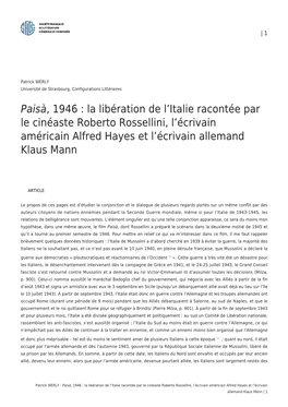 Patrick WERLY : <Em>Paisà</Em>, 1946 : La Libération De L'italie