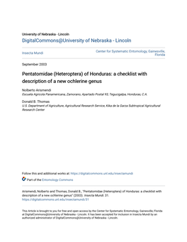 Pentatomidae (Heteroptera) of Honduras: a Checklist with Description of a New Ochlerine Genus