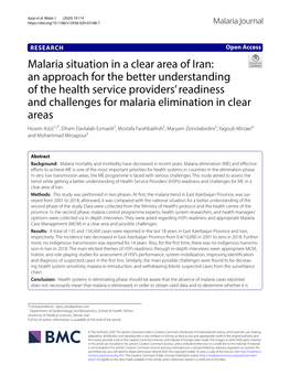 Malaria Situation in a Clear Area of Iran: an Approach for the Better