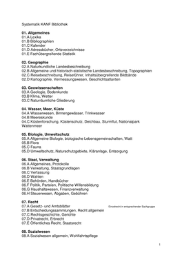 Systematik KANF Bibliothek 01. Allgemeines 01.A Lexika 01.B Bibliographien 01.C Kalender 01.D Adressbücher, Ortsverzeichnisse