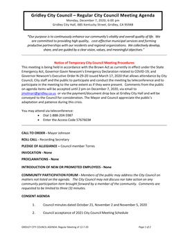 Regular City Council Meeting Agenda Monday, December 7, 2020; 6:00 Pm Gridley City Hall, 685 Kentucky Street, Gridley, CA 95948