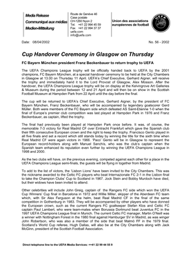 Cup Handover Ceremony in Glasgow on Thursday