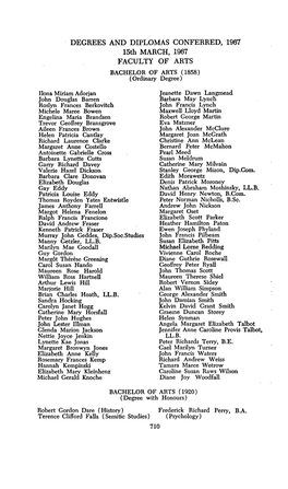 DEGREES and DIPLOMAS CONFERRED, 1967 15Th MARCH, 1967 FACULTY of ARTS BACHELOR of ARTS (1858) (Ordinary Degree)