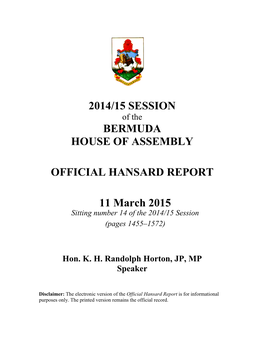 2014/15 Session Bermuda House of Assembly Official