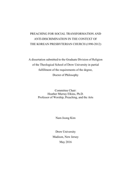 Preaching for Social Transformation and Anti-Discrimination in the Context of the Korean Presbyterian Church (1990-2012)