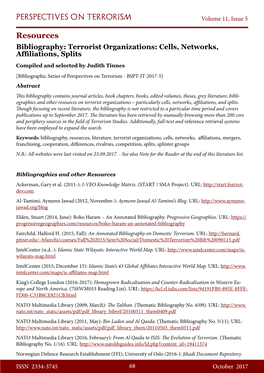 Resources Bibliography: Terrorist Organizations: Cells, Networks, Affiliations, Splits Compiled and Selected by Judith Tinnes