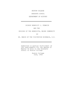 Boston College Graduate School Department of History Bishop Benedict J. Fenwick and the Origins of the Benedicta, Maine Commu