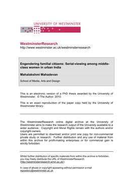 Engendering Familial Citizens: Serial-Viewing Among Middle- Class Women in Urban India