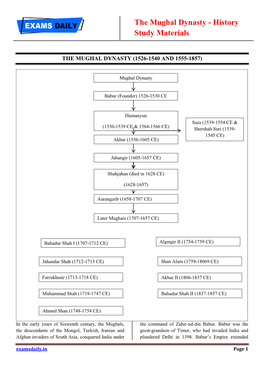 The Mughal Dynasty - History Study Materials