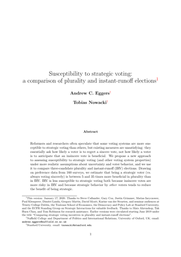 Susceptibility to Strategic Voting: a Comparison of Plurality and Instant-Runoﬀ Elections1