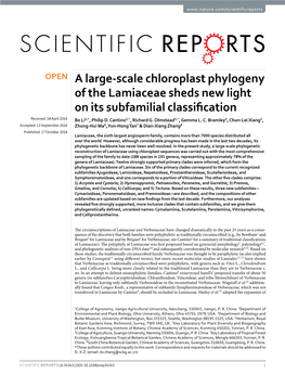 A Large-Scale Chloroplast Phylogeny of the Lamiaceae Sheds New Light on Its Subfamilial Classification Received: 18 April 2016 Bo Li1,*, Philip D