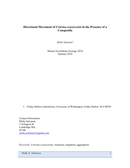 Directional Movement of Urticina Crassicornis in the Presence of a Conspecific