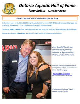 Ontario Aquatic Hall of Fame Newsletter - October 2018
