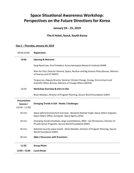 Space Situational Awareness Workshop: Perspectives on the Future Directions for Korea