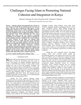 Challenges Facing Islam in Promoting National Cohesion and Integration in Kenya