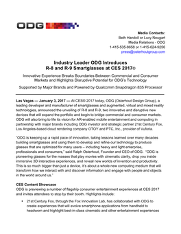 Industry Leader ODG Introduces R-8 and R-9 Smartglasses at CES 2017®