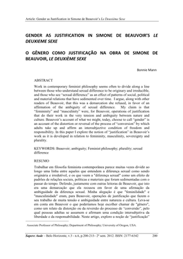 Gender As Justification in Simone De Beauvoir’S Le Deuxième Sexe