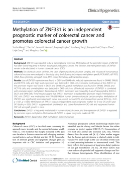 Methylation of ZNF331 Is an Independent Prognostic Marker of Colorectal Cancer and Promotes Colorectal Cancer Growth Yuzhu Wang1,2, Tao He1, James G