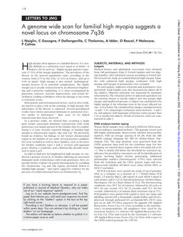 A Genome Wide Scan for Familial High Myopia Suggests a Novel Locus On