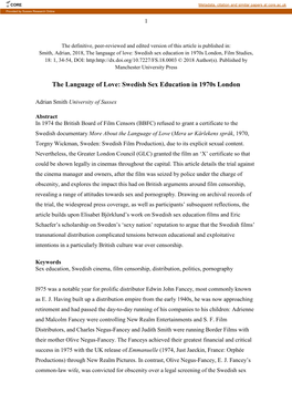 The Language of Love: Swedish Sex Education in 1970S London, Film Studies, 18: 1, 34-54, DOI: Http: © 2018 Author(S)