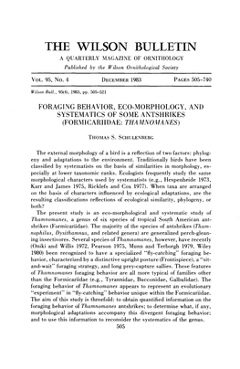 Foraging Behavior, Eco-Morphology, and Systematics of Some Antshrikes (Formicariidae: Thamnomanes)