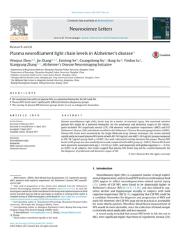 Plasma Neurofilament Light Chain Levels in Alzheimer's Disease