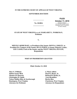 Opinion, SER Margaret L. Workman V. Mitch Carmichael, Et Al., No. 18-0816