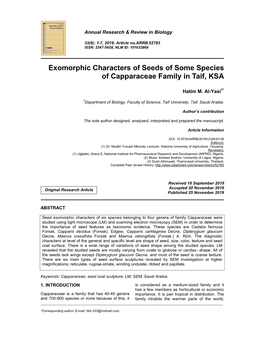 Exomorphic Characters of Seeds of Some Species of Capparaceae Family in Taif, KSA