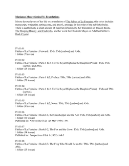 Guide to Marianne Moore Series IV Translations