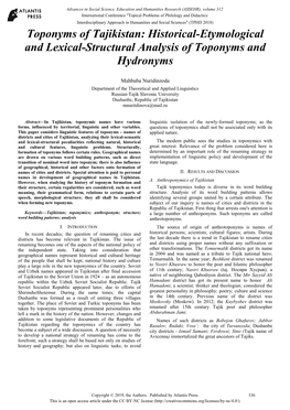 Toponyms of Tajikistan: Historical-Etymological and Lexical-Structural Analysis of Toponyms and Hydronyms