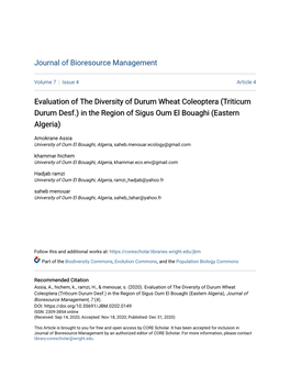 Triticum Durum Desf.) in the Region of Sigus Oum El Bouaghi (Eastern Algeria)