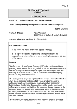 ITEM 5 BRISTOL CITY COUNCIL CABINET 21 February 2008 Report Of: Director of Culture & Leisure Services Title: Strategy