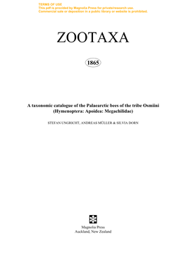 Zootaxa, a Taxonomic Catalogue of the Palaearctic Bees of the Tribe Osmiini