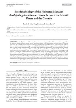 Breeding Biology of the Helmeted Manakin Antilophia Galeata in an Ecotone Between the Atlantic Forest and the Cerrado