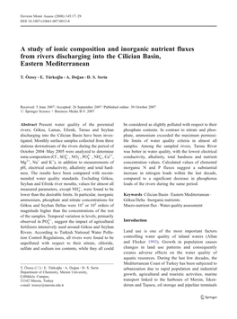 A Study of Ionic Composition and Inorganic Nutrient Fluxes from Rivers Discharging Into the Cilician Basin, Eastern Mediterranean