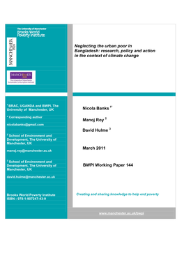 Neglecting the Urban Poor in Bangladesh: Research, Policy and Action in the Context of Climate Change