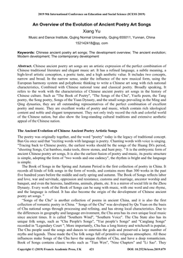 An Overview of the Evolution of Ancient Poetry Art Songs Xiang Yu Music and Dance Institute, Qujing Normal University, Qujing 655011, Yunnan, China 152142418@Qq