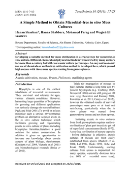 A Simple Method to Obtain Microbial-Free in Vitro Moss Cultures Hanan Shaaban*, Hanaa Shabbara, Mohamed Farag and Wagieh El Saadawi