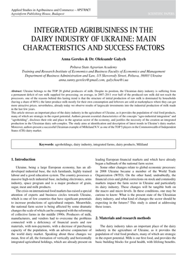 Integrated Agribusiness in the Dairy Industry of Ukraine: Main Characteristics and Success Factors