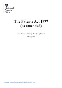 The Patents Act 1977, As Amended up to and Including 31 December 2020