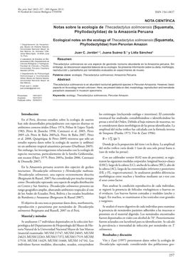 Notas Sobre La Ecología De Thecadactylus Solimoensis (Squamata, Phyllodactylidae) De La Amazonía Peruana