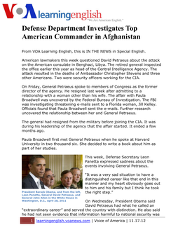 Defense Department Investigates Top American Commander in Afghanistan