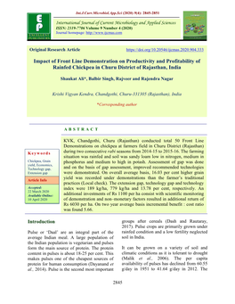 Impact of Front Line Demonstration on Productivity and Profitability of Rainfed Chickpea in Churu District of Rajasthan, India