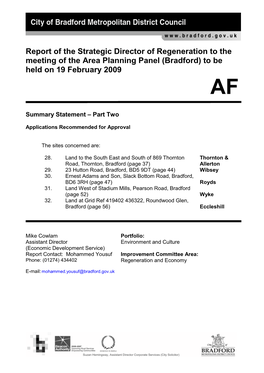 Bradford) to Be Held on 19 February 2009 AF