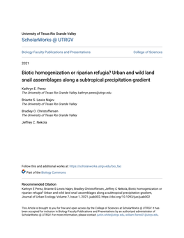 Biotic Homogenization Or Riparian Refugia? Urban and Wild Land Snail Assemblages Along a Subtropical Precipitation Gradient