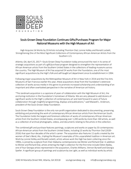 Souls Grown Deep Foundation Continues Gifts/Purchases Program for Major National Museums with the High Museum of Art